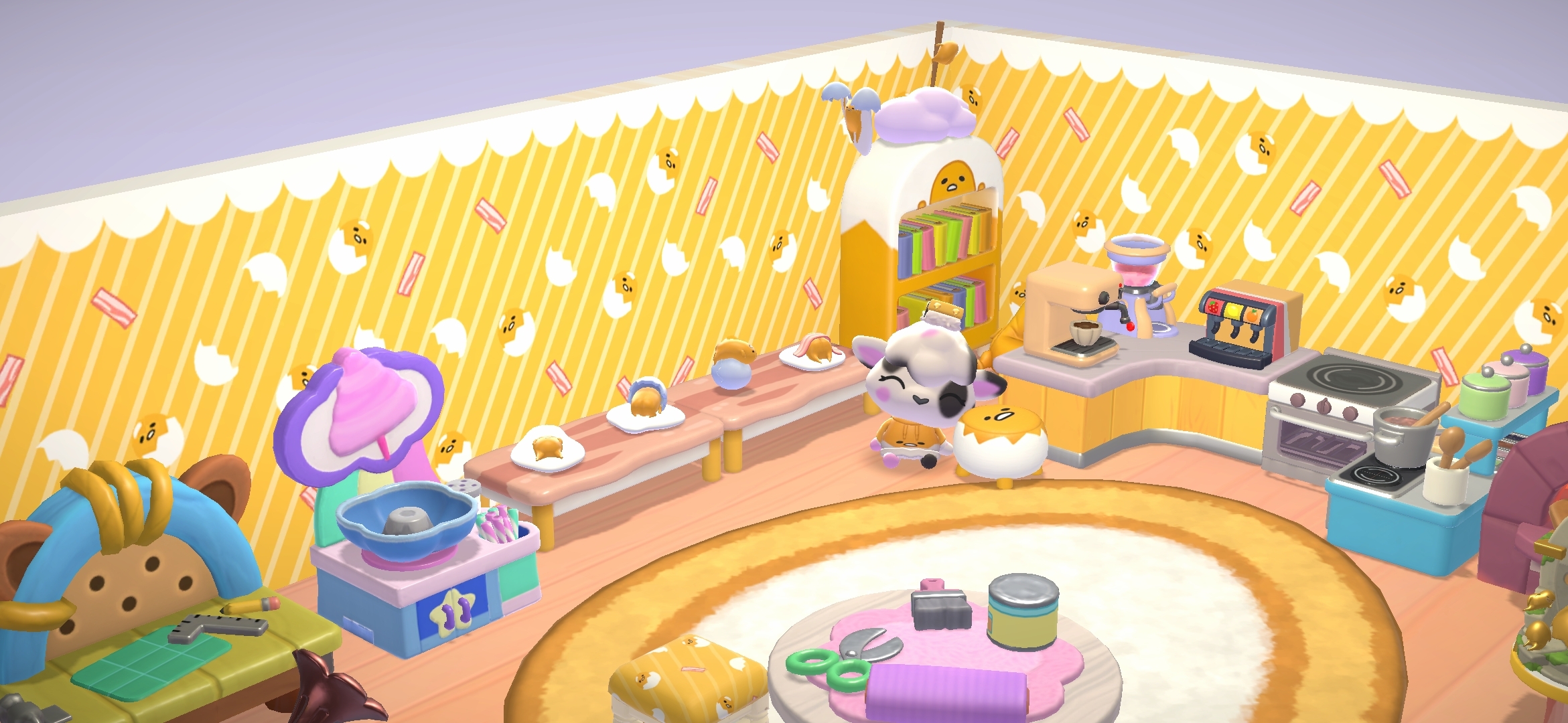 a craft room from HKIA where the wallpaper and flooring is gudetama themed. there is a collection of decorative gudetama as well as gudetama furniture situated around various crafting stations.